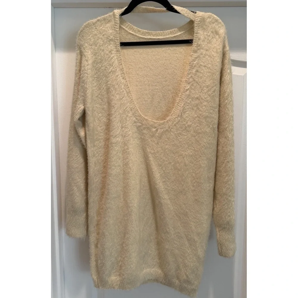 GB Cream Fuzzy Eyelash‎ Balletcore Sweater Dress L Soft Girl Stretch Nylon Cozy